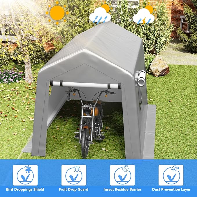 Carport 6x8 FT Enclosed Carport with Roll-up Windows, Portable Garage with Removable Sidewalls & Doors, Car Canopy Tent with Sandbags All-Season Tarp for Bike Motorcycle