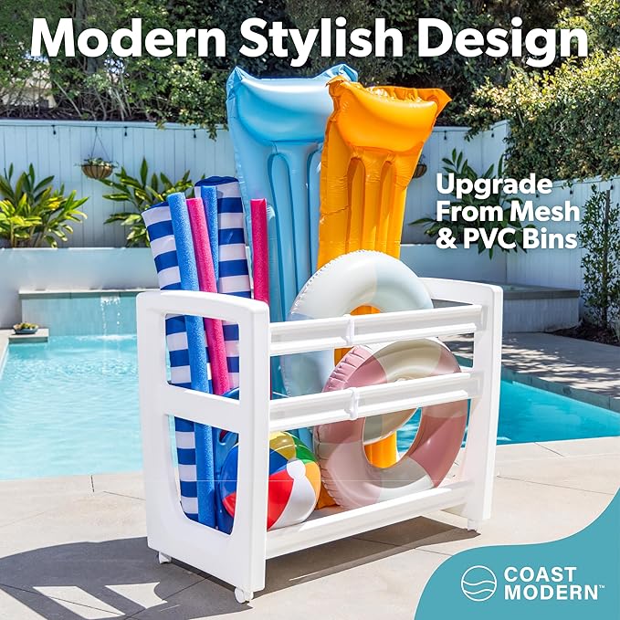 GoSports Coast Modern Pool Organizer for Floats and Toys - Large Waterproof Storage Rack for Outdoor Pool Area