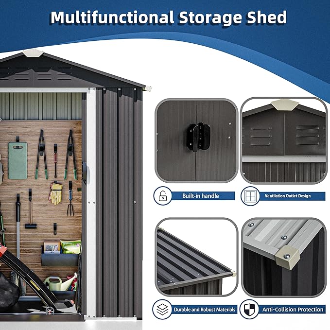 JY QAQA 5x3 FT Metal Outdoor Garden Storage Shed, Waterproof Metal Garden Sheds with Window and Lockable Double Door, Weather Resistant Steel Tool Storage House Shed for Patio, Lawn Gray