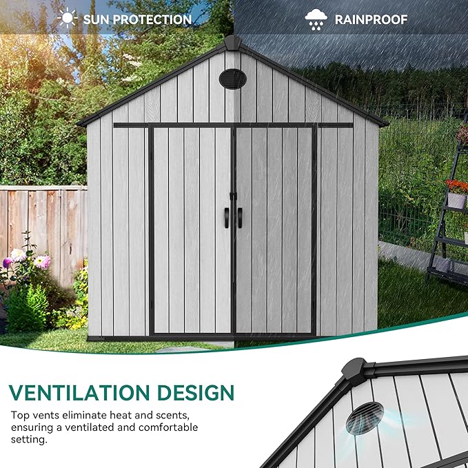 YITAHOME 8x10 FT Outdoor Storage Shed with 2 Vision Windows, Extra Thick Plastic Garden Shed, Waterproof Heavy Duty Resin Shed with Floor, Vents & Lockable Doors for Patio, Bikes Tools Supplies, Gray