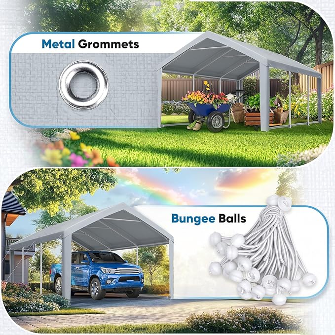 ADVANCE OUTDOOR 10x20 ft Carport Replacement Top Canopy Cover with Leg Cloth, Heavy-Duty Waterproof & UV Protected Car Garage Shelter Tent, Easy Installation with Ball Bungees, Sliver Gray, Roof Only