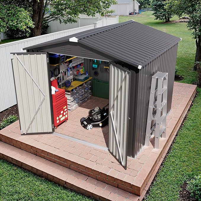 JUMMICO 8x8 FT Outdoor Storage Shed, Heavy Duty Tool Metal Sheds with Lockable Doors and Updated Frame Structure for Backyard Patio Lawn, Black