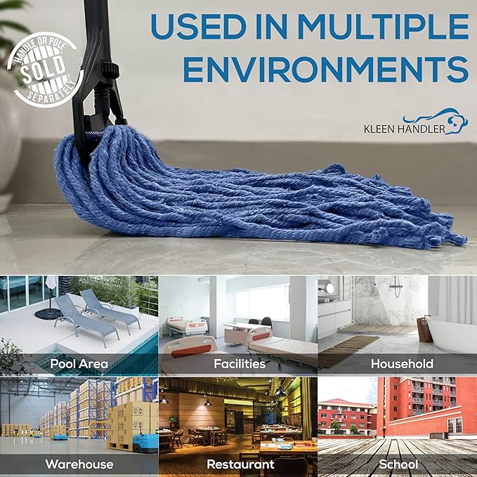 Pack of 6 Cut End Blended Mop Head Replacement, 1.25-inch Universal Headband, Wet Mop Refills, Blue, 16 Oz
