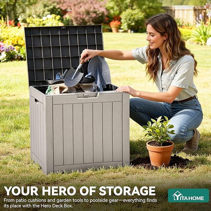 YITAHOME 30 Gallon Deck Box Outdoor Storage Box, Waterproof Resin Package Delivery and Storage Box with Lockable Lid for Patio Furniture Cushions, Pool Accessories, Garden Tools, Brown
