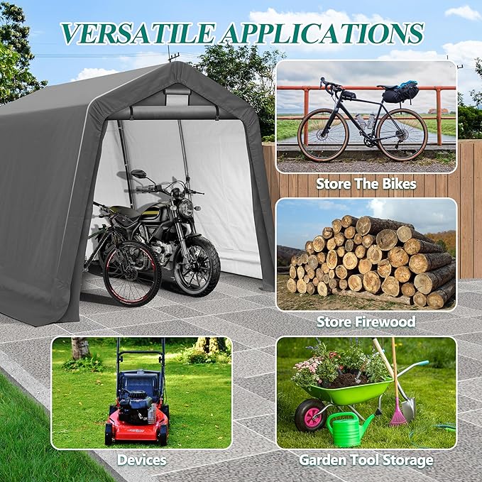 GARTOO 8' x 8' Outdoor Storage Shelter Shed- Heavy Duty Storage Tent with Roll-up Ventilated Windows, Portable Garage Zipper Storage shed for Bike, ATV, Motorcycle Shelter, Gray