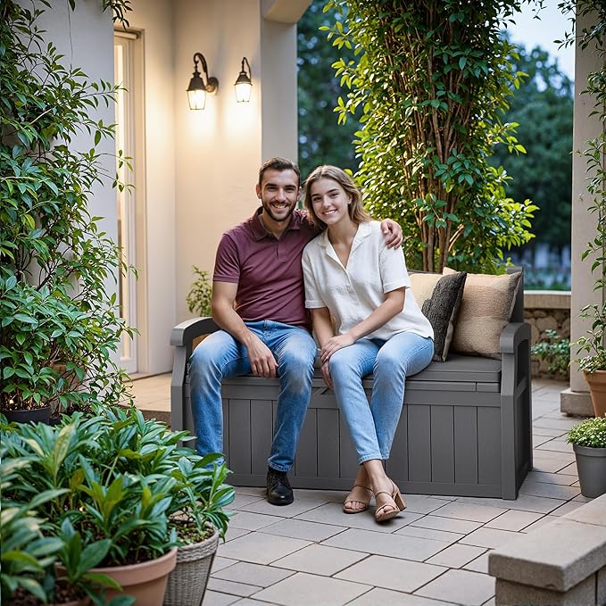 Devoko 80 Gallon Storage Bench with Cushion, Lockable Deck Box for Patio Furniture, Garden Decor and Outdoor Seating for Cushions, Garden Tools and Pool Supplies (Grey, 80 Gallon with Cushion)