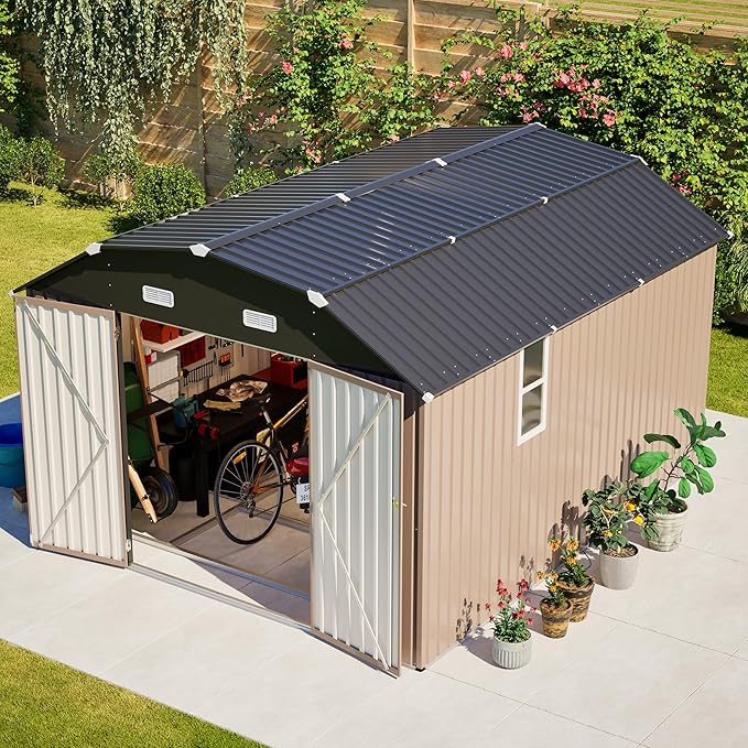 10×12 FT Outdoor Storage Shed,Heavy-Duty Metal Shed with Floor Base,All Weather Waterproof Tool Shed W/Diamond Roof & Windows,Lockable Double Door & 4 Air Vents,for Backyard,Patio,Lawn,Brown