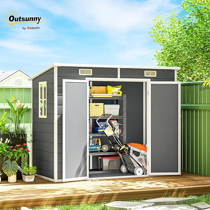 Outsunny 8' x 4' Outdoor Storage Shed, Waterproof Resin Plastic Shed with Floor, Window, Lockable Doors and Vents, All-Weather Garden Tool Shed for Backyard, Patio, Lawn, Gray