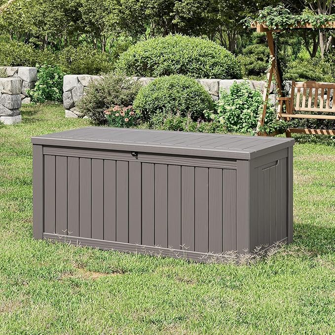 NUNU LAB 120 Gallon Outdoor Storage Box,Resin Large Sturdy Deck Box, Backyard Outside Storage Box Waterproof with Double Wall Panels,Package Delivery Garden Outdoor Hose