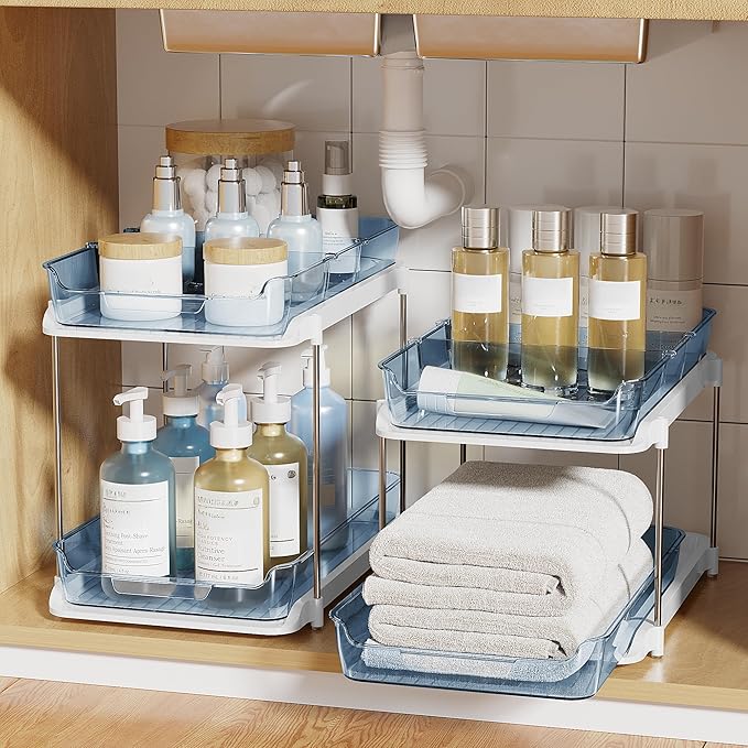 Delamu 2-Tier Multi-Purpose Bathroom Under Sink Organizers and Storage, Stackable Kitchen Pantry Organization, Pull Out Medicine Cabinet Organizer with Movable Dividers, Blue, 2 Pack