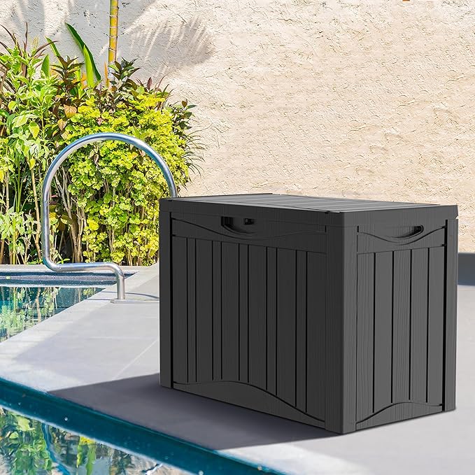 Outdoor Storage Deck Box Waterproof,45 Gallon Lockable Patio Package Delivery Bin as Seat, Resin Storage Container Bench for Furniture Cushions, Pool Accessories, Garden Tools, Black