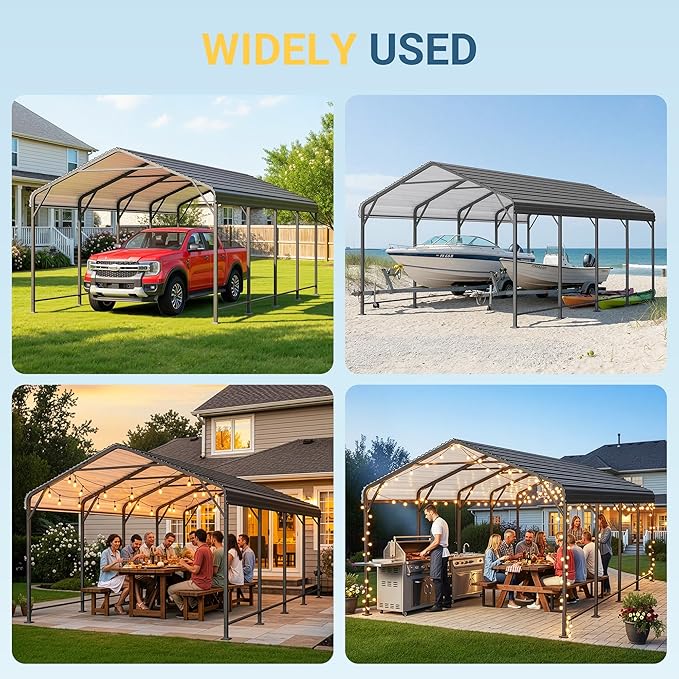 Wisteria Lane 12x20FT Metal Carport, Heavy Duty Carport Canopy with Reinforced Frame and Base for All-Weather, Outdoor Garage Car Port for Boats, Tractors, Pickup Trucks or Party, Dark Gray