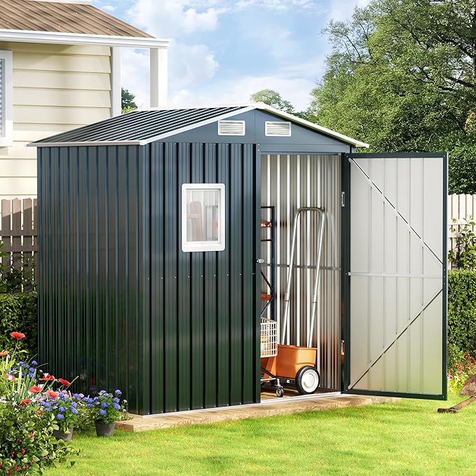 Breezz 6x4FT Metal Storage Shed with Floor Frame & Lockable Doors, Outdoor Steel Garden Shed with Clear Window, Weatherproof Tool Storage for Patio, Yard, and Backyard, Nightblue