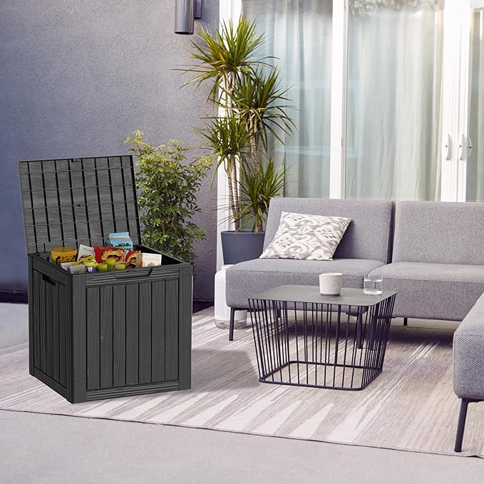 Outdoor Storage Box, 35 Gallon Resin Deck Box Waterproof for Patio, Poolside and Garden, Lockable UV-Resistant Storage Bin Bench Cabinet for Small Spaces, Black