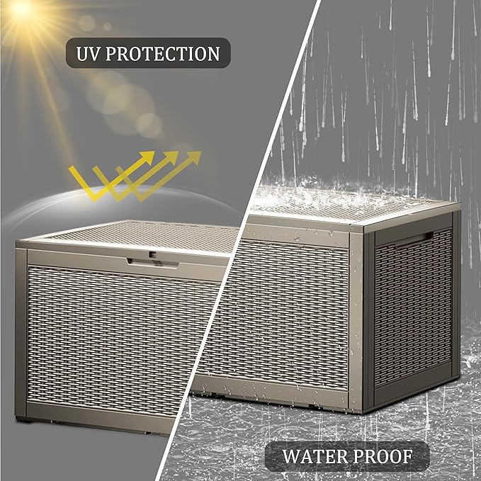Outdoor Storage Box, 100 Gallon Resin Deck Box Waterproof for Patio Furniture, Garden Tools and Pool Accessories, Lockable UV-Resistant Storage Bin Bench Cabinet for Outside, Grey
