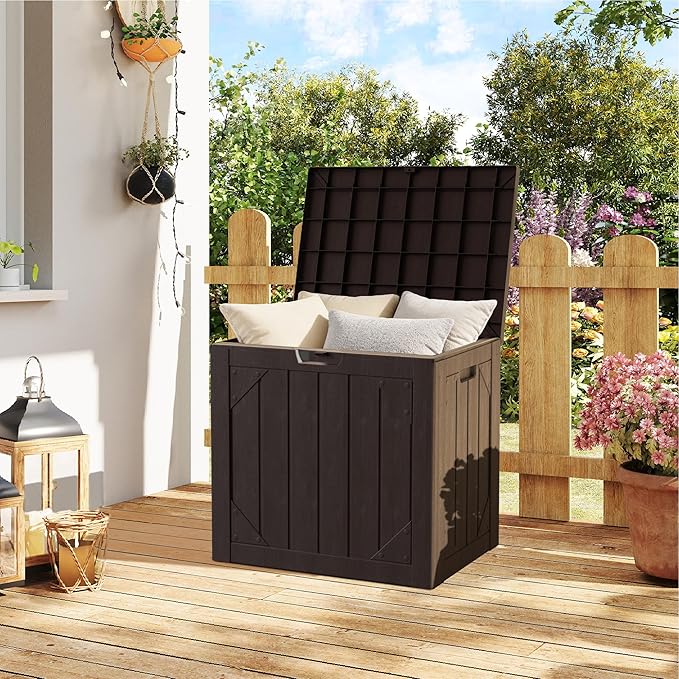 Outdoor Storage Deck Box Waterproof,30 Gallon Lockable Patio Package Delivery Bin as Seat, Resin Storage Container Bench for Furniture Cushions, Pool Accessories, Garden Tools, Brown