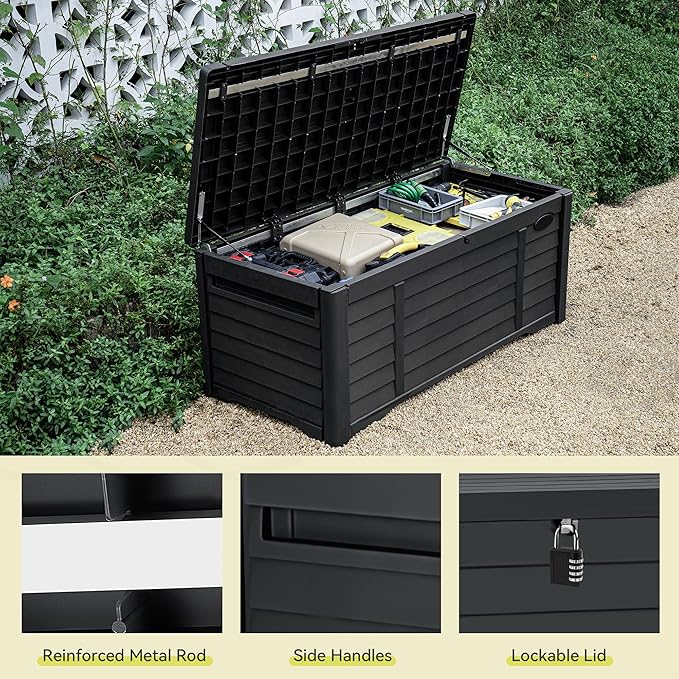 YITAHOME 150 Gallon Large Outdoor Storage Deck Box, Waterproof Cushion Storage Bench with Lockable Lid for Patio, Pool Supplies, Garden Tools, Resin, Black