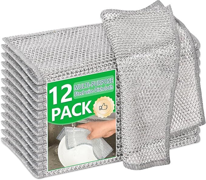 12Pcs Multipurpose Wire Dishwashing Cloths, Non-Scratch Wire Dishcloths, Double Layer & Wet & Dry Cleaning Cloths, Steel Mesh Cleaning Rags for Dishes/Metal/Home/Kitchen