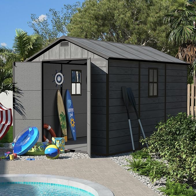 UDPATIO Outdoor Shed 7.5x10.7 FT, Plastic Storage Shed for Bike, Garbage Can, Tool, Outside Sheds & Resin Shed with Lockable Door for Backyard, Patio, Lawn, Dark Grey