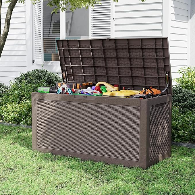 Oudoor Storage Deck Boxes Waterproof, Waterproof and UV Resistant Outdoor Storage Box Lockable Lid for Delivery Box, Indoor, Garden Tools, Pool Supplies, Patio (Grey, 110 Gallon)