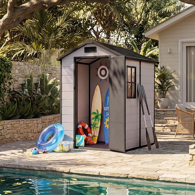 4x6 FT Outdoor Storage Shed with Floor, Plastic Resin Garden Shed with Window & Sloping Roof & Lockable Door for Patio Backyard Garden, Lawn Mower, Bike, Tool Storage
