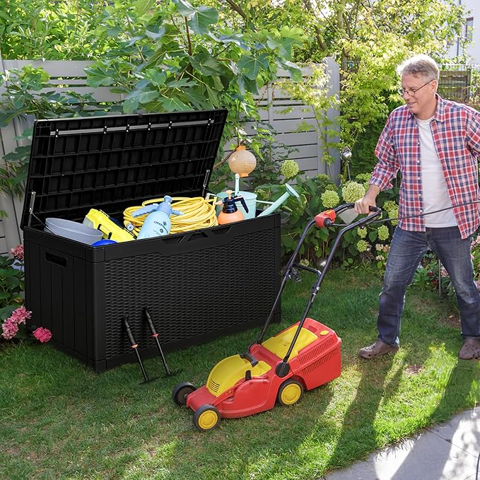 Greesum 100 Gallon Resin Deck Box Large Outdoor Storage with Cushions for Patio Furniture, Garden Tools, Pool Supplies, Weatherproof and UV Resistant, Lockable, Black