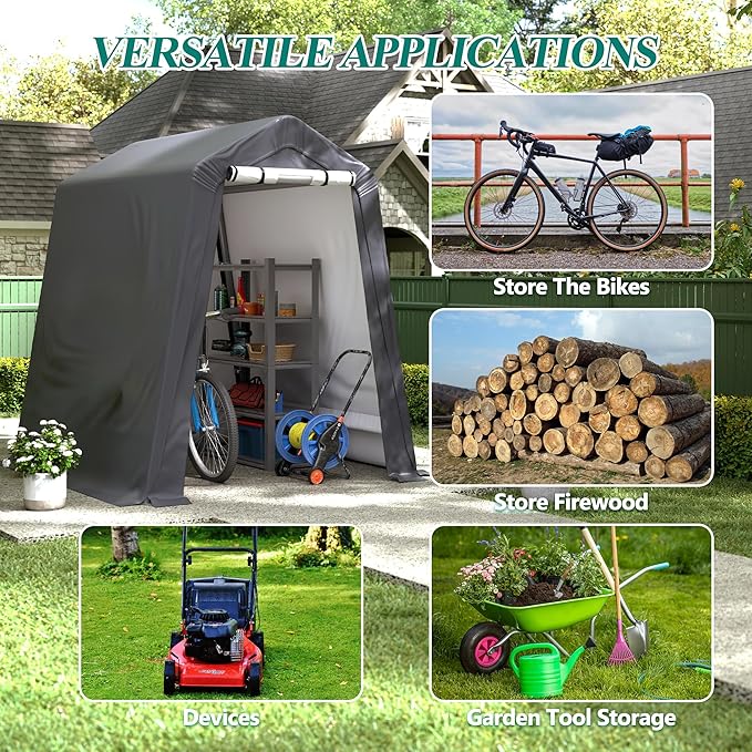 GARTOO 6' x 7' Outdoor Storage Shelter Shed- Heavy Duty Storage Tent with Roll-up Ventilated Windows, Portable Garage Storage shed for Bike, ATV, Motorcycle Shelter, Gray