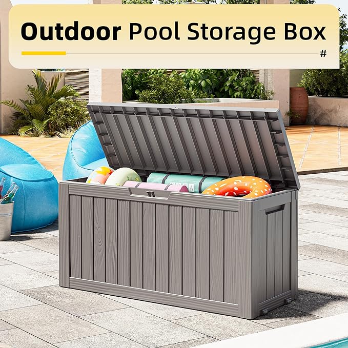 82 Gallon Outdoor Storage Box, Resin Deck Boxes Outdoor Waterproof For Patio Furniture, Garden Tools, Pool Supplies, Lockable And UV Resistant (Striped Gray)