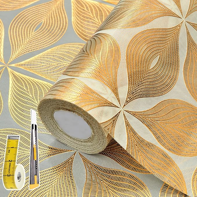 Drawer and Shelf Liner for Kitchen Cabinet: 23.6 in X 30 Ft Waterproof Shelf Paper Non Adhesive Refrigerator Liners Golden Leaf Easy Liners for Bathroom with Knife Tape Measure
