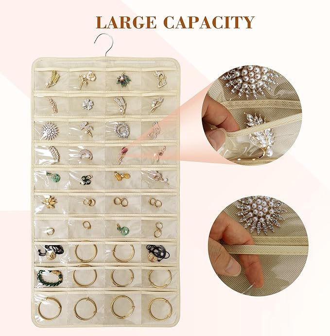80 Pocket Hanging Jewelry Organizer with Hanger Metal Hooks Storage On Wall Door Closet Double-Sided(Each Side 40 Pockets) Jewelry Holder for Earrings, Necklaces, Rings (Beige)