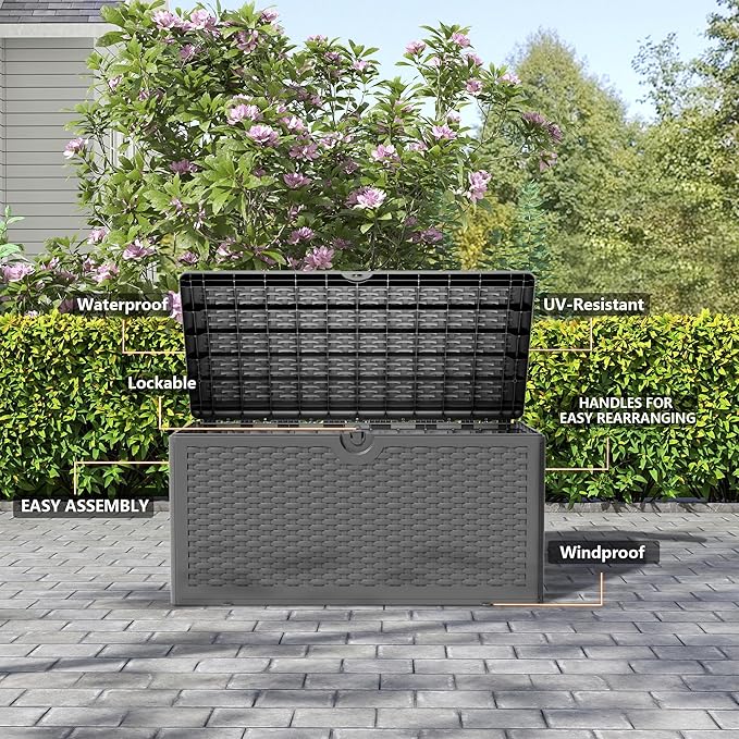 Outdoor Storage Deck Box Waterproof,90 Gallon Lockable Patio Package Delivery Bin as Seat, Resin Storage Container Bench for Furniture Cushions, Pool Accessories, Garden Tools, Black