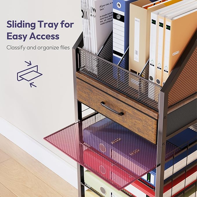 SWTYMIKI 9-Tier Rolling File Cart - Paper Organizer with Drawer and Trays, Wood Desk Office Organizer, Office Organization and Binder Storage for Workspace, Home, School, Espresso