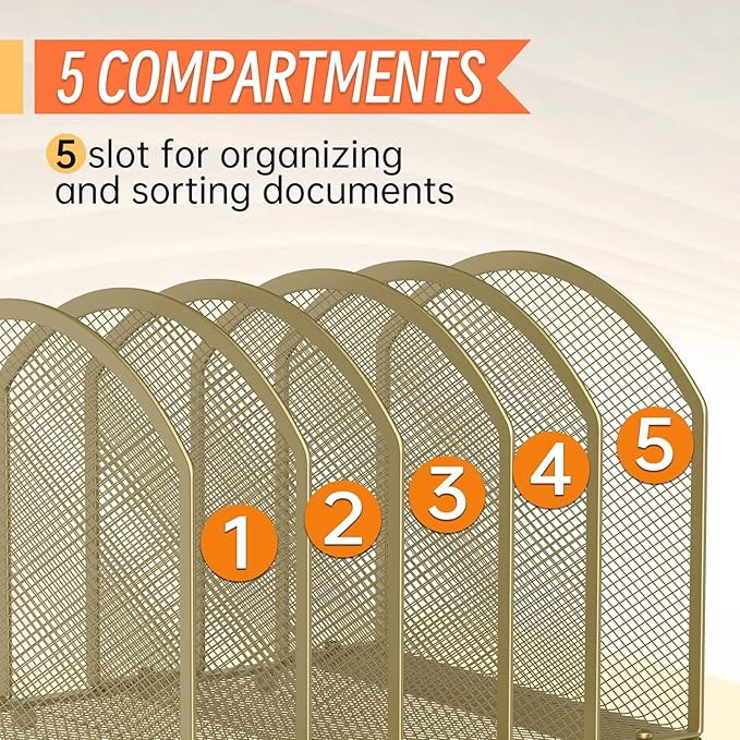 Desk File Organizer 5 Sections Desktop Organizer File Sorter Office Organization File Folder Holder for Office School & Classroom (Gold, 5 Section - 1Pack)