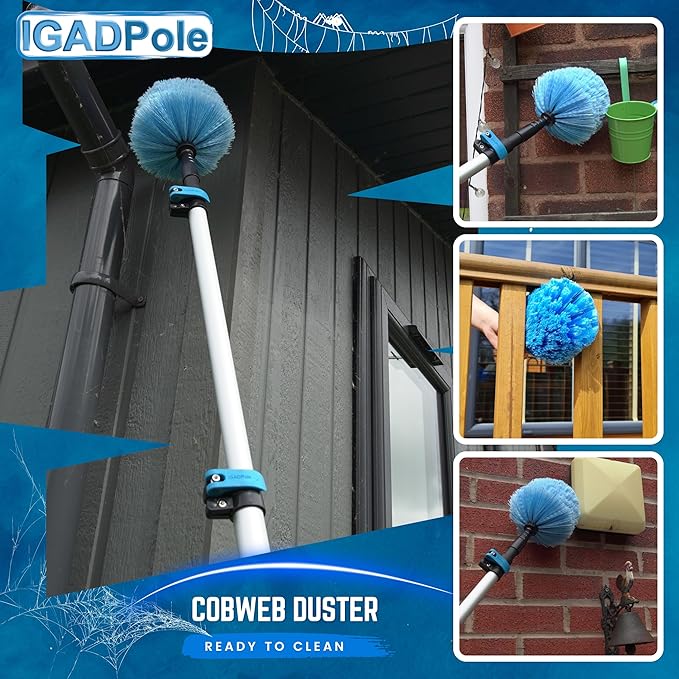 IGADPole 17 FT Water-Fed Washing Kit with Soap-Dispenser, Brush, 10″ Squeegee & Cobweb Duster for Windows, Gutters, Solar Panels & Exterior Walls