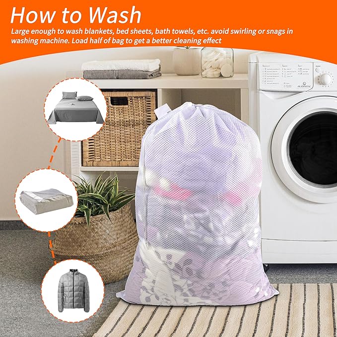 Polecasa Extra Heavy Duty Large Diamond Mesh Laundry Bags with Drawstring Closure & ID Tag, 24 x 36 inches Washable Storage Bag for College, Travel, Sports, Dorms, White (Pack of 2)