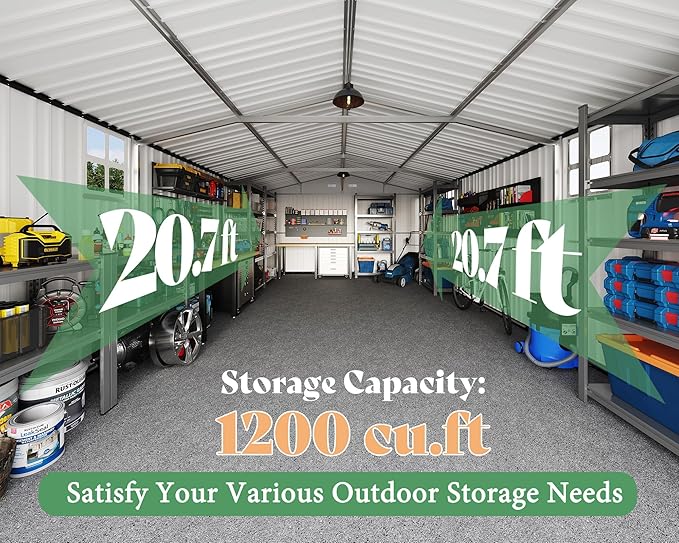 AMERLIFE 10x21x7.3 FT Outdoor Metal Garage Shed, Extra Large Storage Shed with Double Hinged Doors & 4 Windows, Carport for Car, Midsize SUV, Bike and Equipment Storage, Dark Gray
