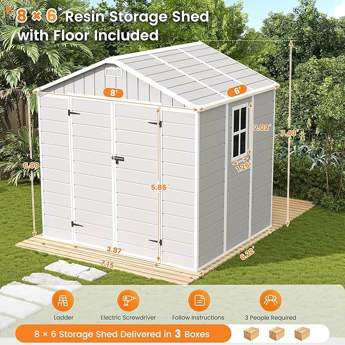UDPATIO Resin Storage Shed 8 x 6 FT, Outdoor Garden Sheds with Floor Plastic Patio Outdoor Storage Shed with Lockable Door, Sandstone