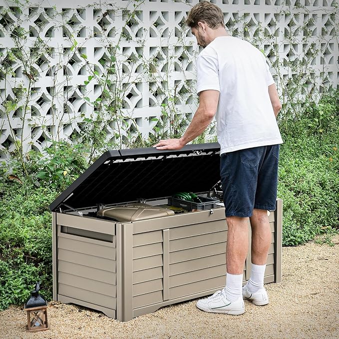 DWVO Large Deck Box 150 Gallon Waterproof Outdoor Storage Box, Extra Large Outdoor Bin, Resin Louvered Patio Storage for Pillows, Garden Tools & Pool Supplies, Lockable, Black&Brown