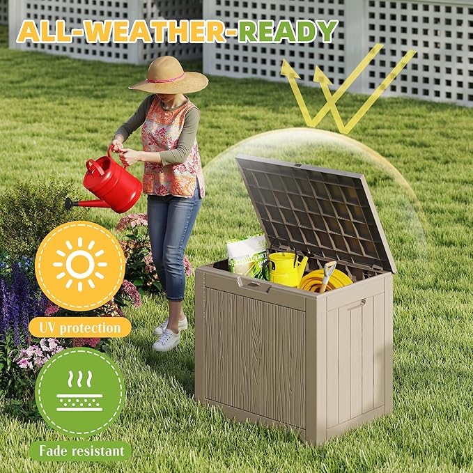 30 Gallon Waterproof Resin Deck Box, UV Resistant Outdoor Storage for Garden, Patio, Porch, Delivery（Grey，30 Gallon）