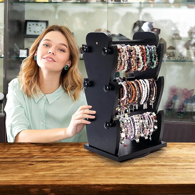 Two-Sided Rotating Wooden Jewelry Bracelet Holder Display Stand with 6 Removable Holders - 3 Tier Bar Bangle Organizer Perfect for Organizing and Showcasing Bracelets, Watches, and Accessories-Black