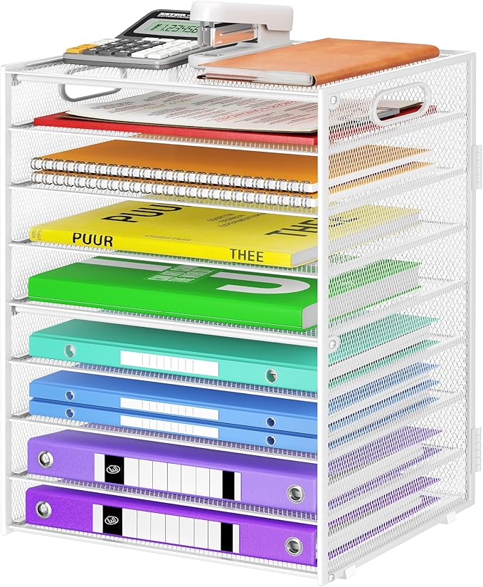 9 Tier Paper Organizer with Handle, White Large Capacity Desk Organizer Mesh File Folder Letter Paper Tray Desktop Document Sorter for Classroom, School, and Office Accessories Organization