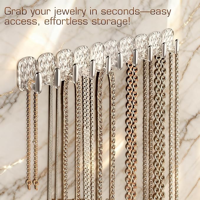 Gesodant 8 Pack Hanging Jewelry Organizer, Self-adhesive Jewelry Hooks, Clear Wall Mounted Jewelry Hanger, Necklace Display Holder, 40 Hooks in Total