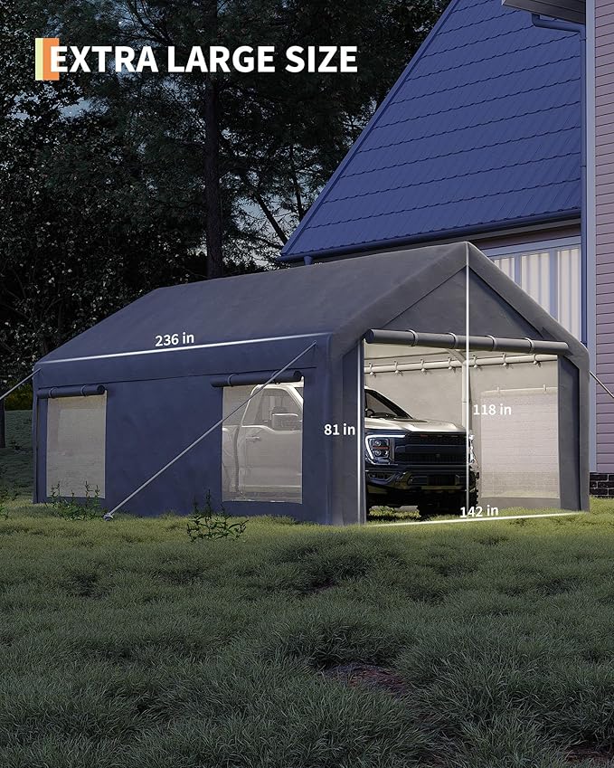 GarveeLife 12x20 ft Portable Garage, Car Port with 200 g PE Tarp Cover, with Front & Rear Roll-Up Doors and 4 Windows, for Temporary Paint Booth, Boats&Pickups Shed, and Event Shelter, Gray