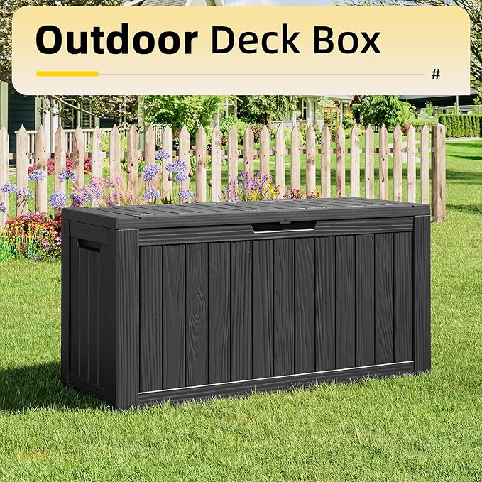 82 Gallon Outdoor Storage Box, Resin Deck Boxes Outdoor Waterproof For Patio Furniture, Garden Tools, Pool Supplies, Lockable And UV Resistant (Striped Black)