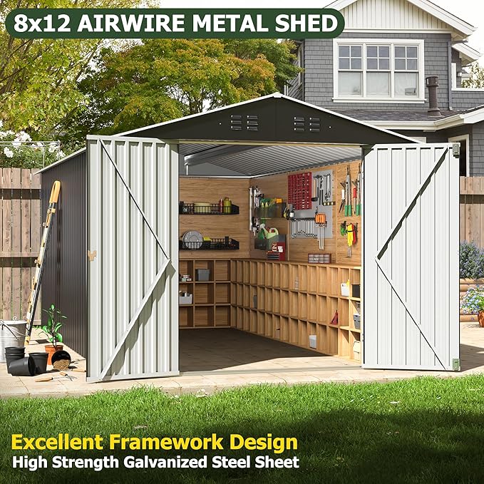 8x12 FT Outdoor Storage Shed, Garden Shed with Updated Frame Structure and Lockable Doors, Metal Tool Sheds for Backyard Garden Patio Lawn, Grey