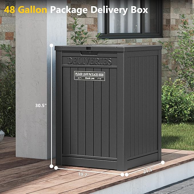 Package Delivery Box for Outside, 48 Gallon Storage with Lockable Secure, Large Double Wall Resin Outdoor Package Delivery Waterproof Deck