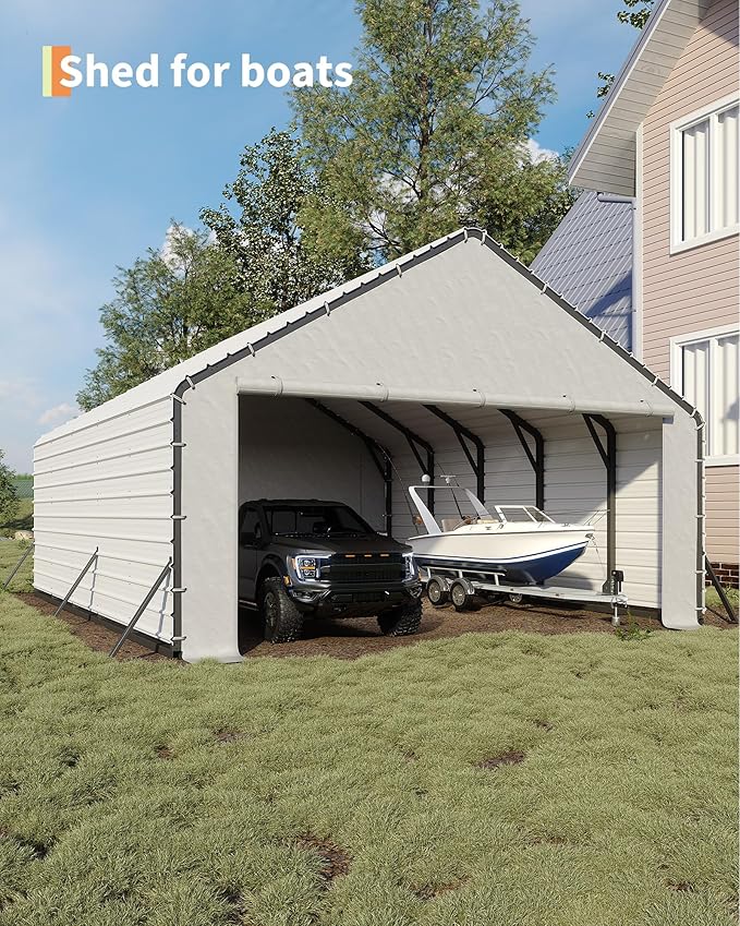 GarveeLife Heavy-Duty PE Enclosure Kit (2-Pack) for Metal Carport - 220gsm Roll-Up Zipper Door Panels for 20x25, 20x20 ft, with Ball Bungees, White