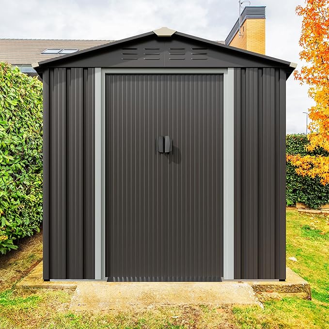 JYQAQA 6x4 FT Outdoor Garden Storage Shed,Waterproof Metal Garden Sheds with Lockable Double Door,Weather Resistant Steel Tool Storage Shed for Patio,Lawn Gray