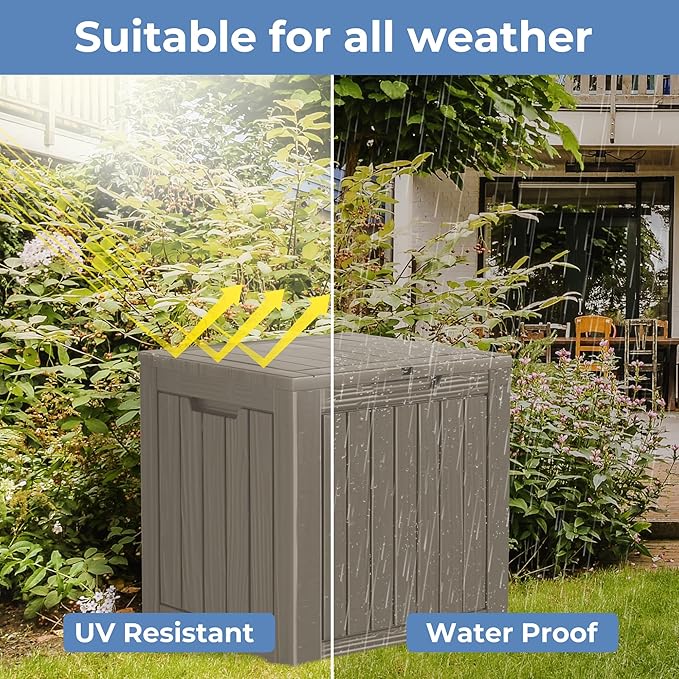 Outdoor Storage Box Waterproof, 35 Gallon Lockable Resin Deck Box Small, Patio Storage Bin for Pool Accessories Cushion Furniture, Garden Tools, UV-Resistant Outside Delivery Grey