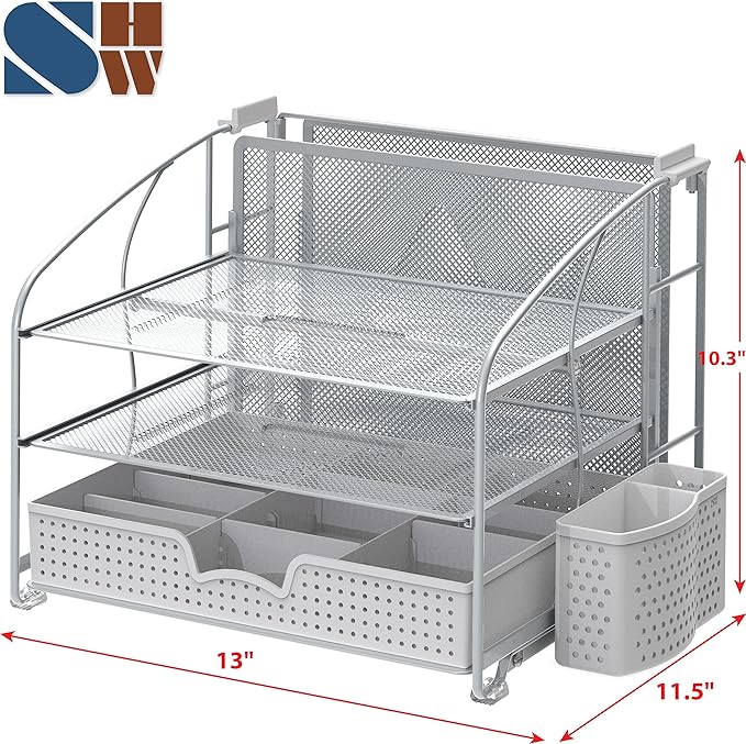 Simple Houseware 3-Tier Desk Organizer with Sliding Drawer, Hanging File Holder and Pen Holder Accessory, Silver